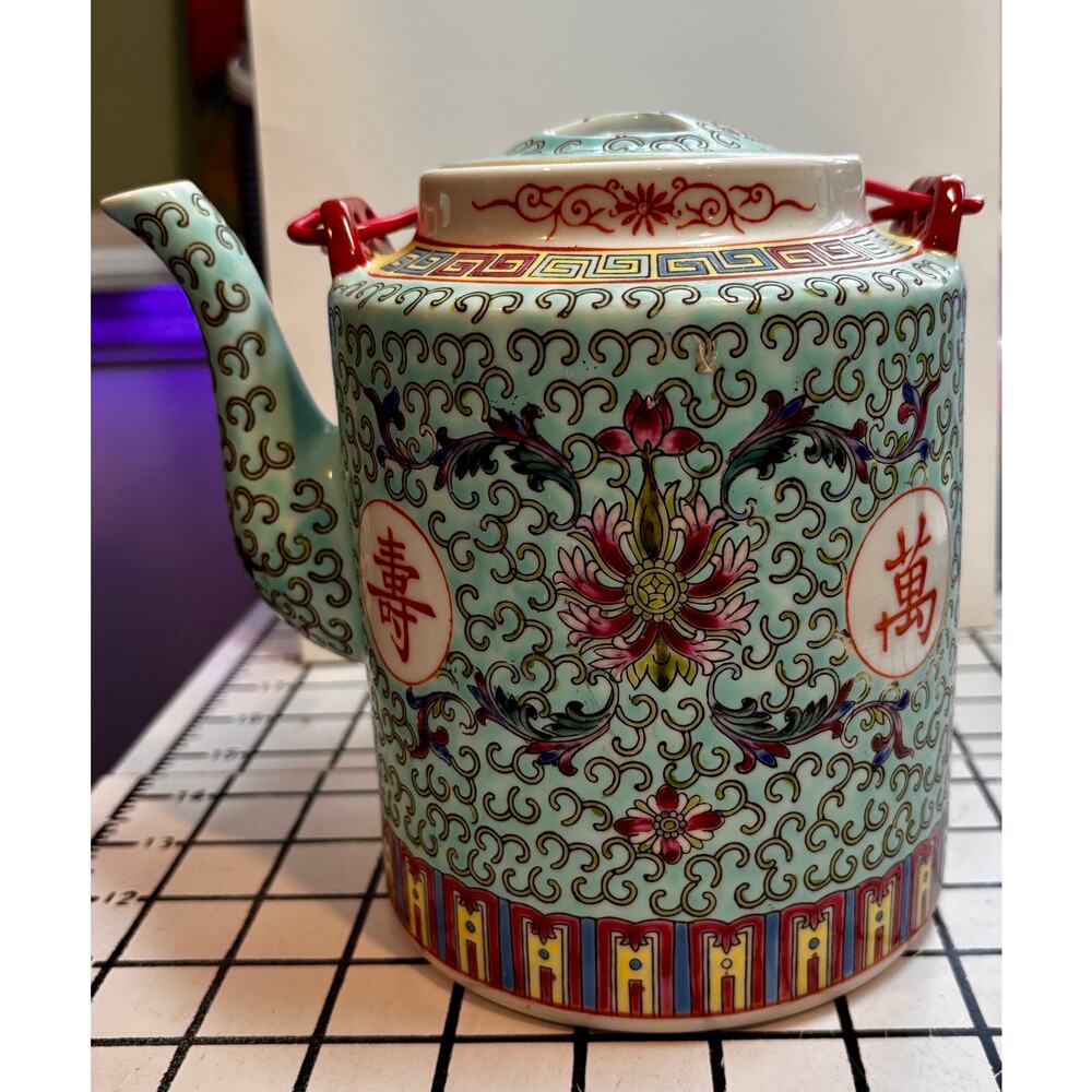 Vintage Chinese Porcelain Teapot in Teal Mint verde with contrasting florals